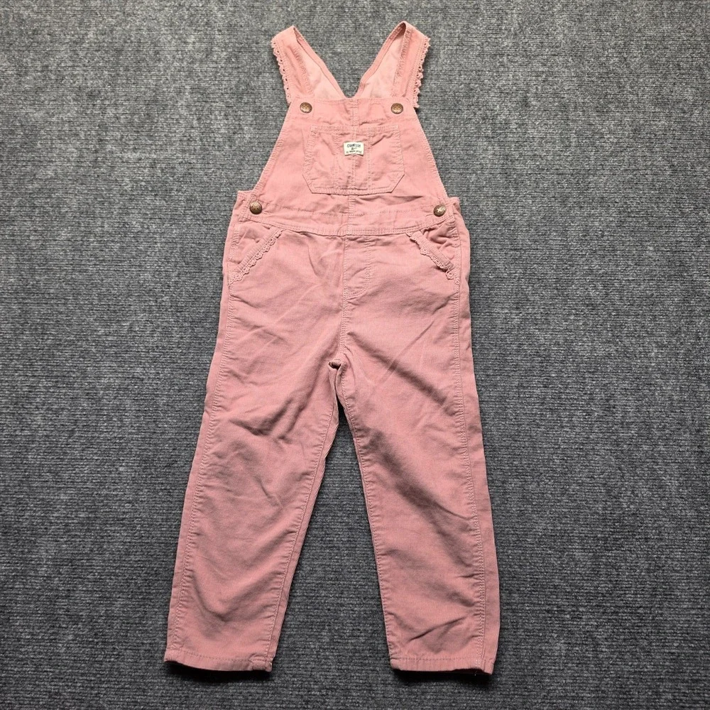 OshKosh B'gosh Toddler Girls Pink Corduroy Overalls Eyelet Lace Trim Size 4T